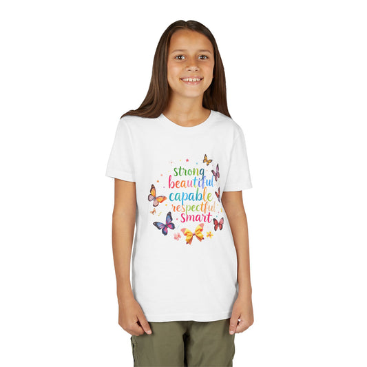 Empowerment Butterfly Youth Tee - Strong, Beautiful, Capable, Respectful, Smart