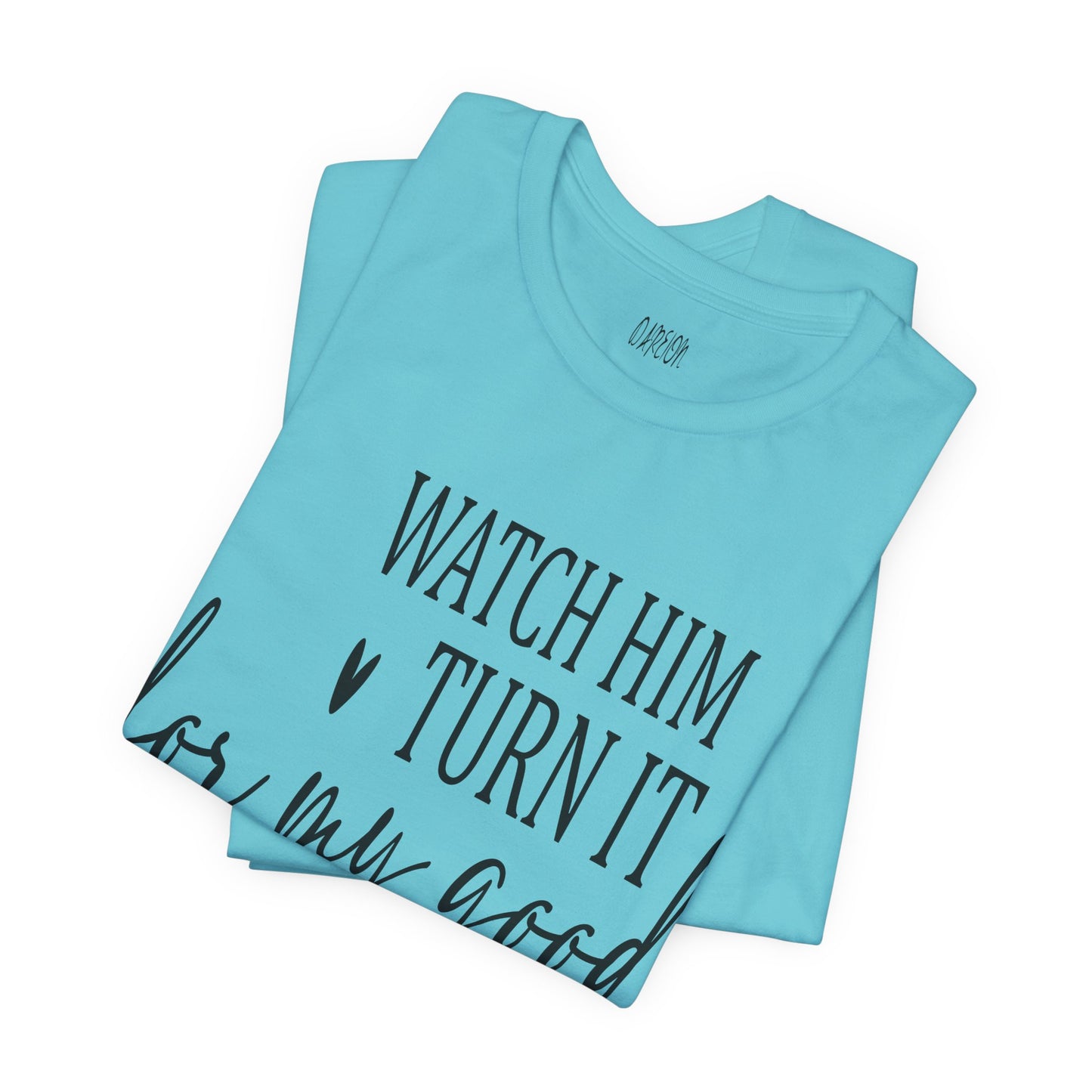Folded light blue t-shirt with black text on a white background