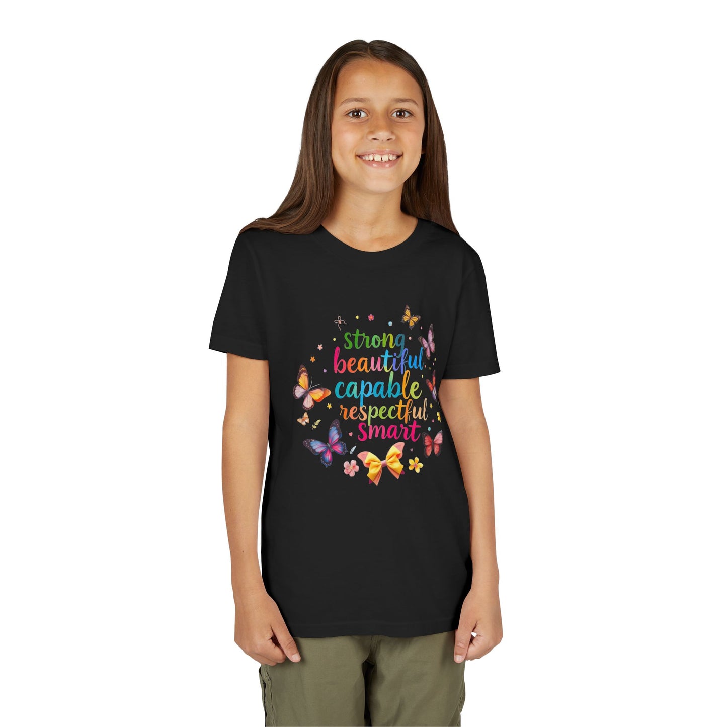 Empowerment Butterfly Youth Tee - Strong, Beautiful, Capable, Respectful, Smart