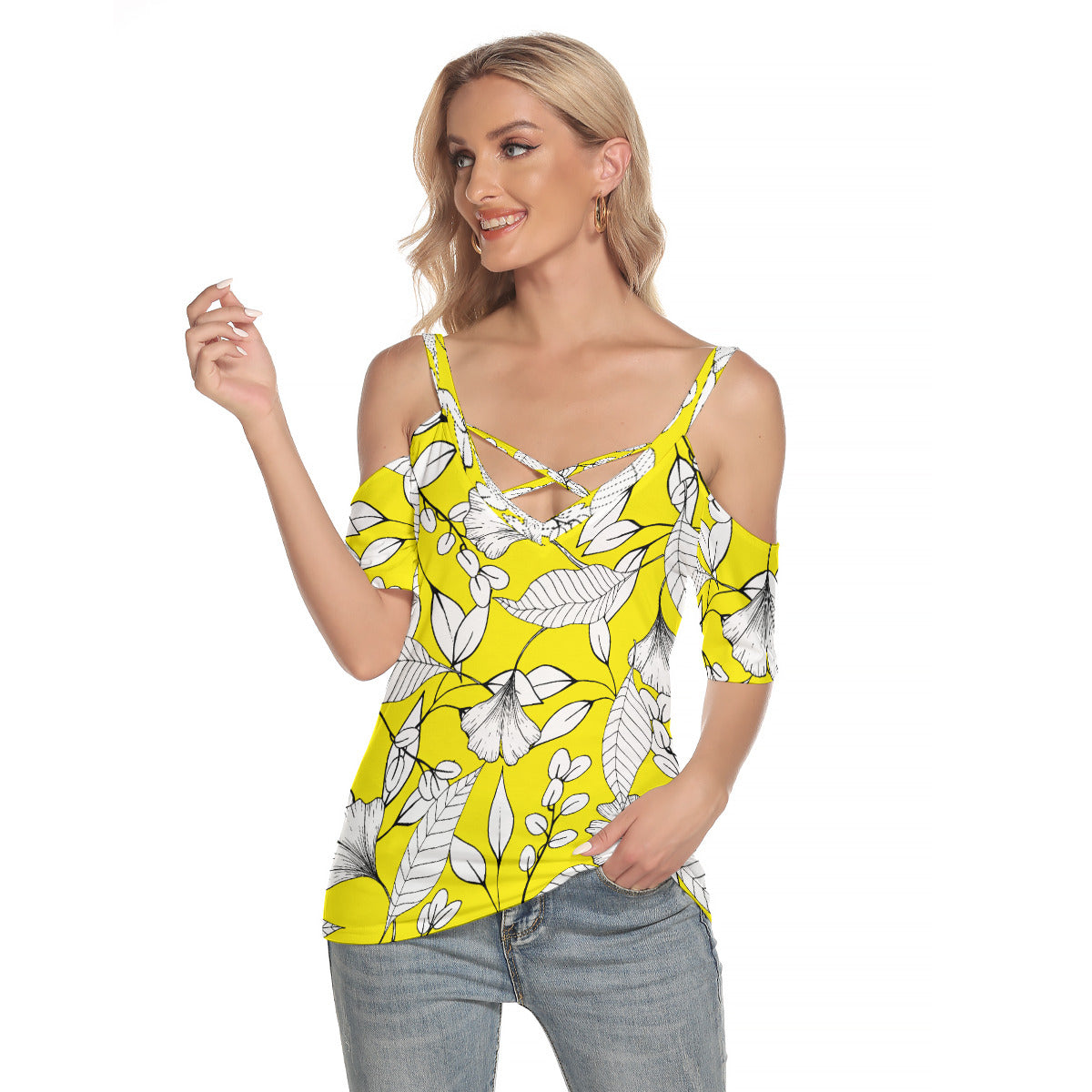 Yellow Floral Shoulder T-Shirt with Criss Cross Straps