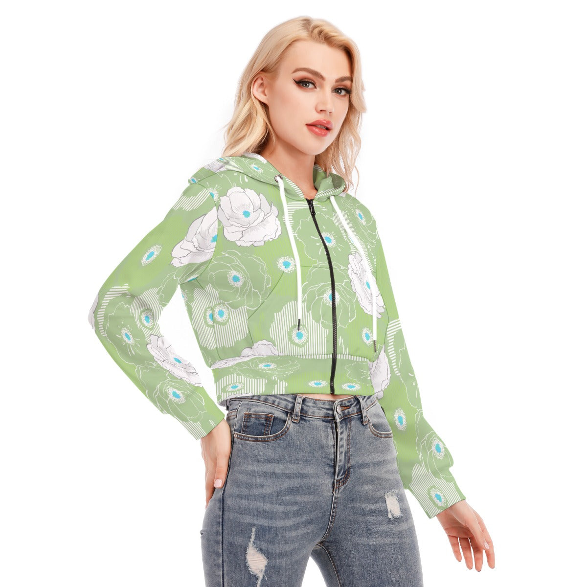 Green Floral Crop Top Hoodie With Zipper Closure