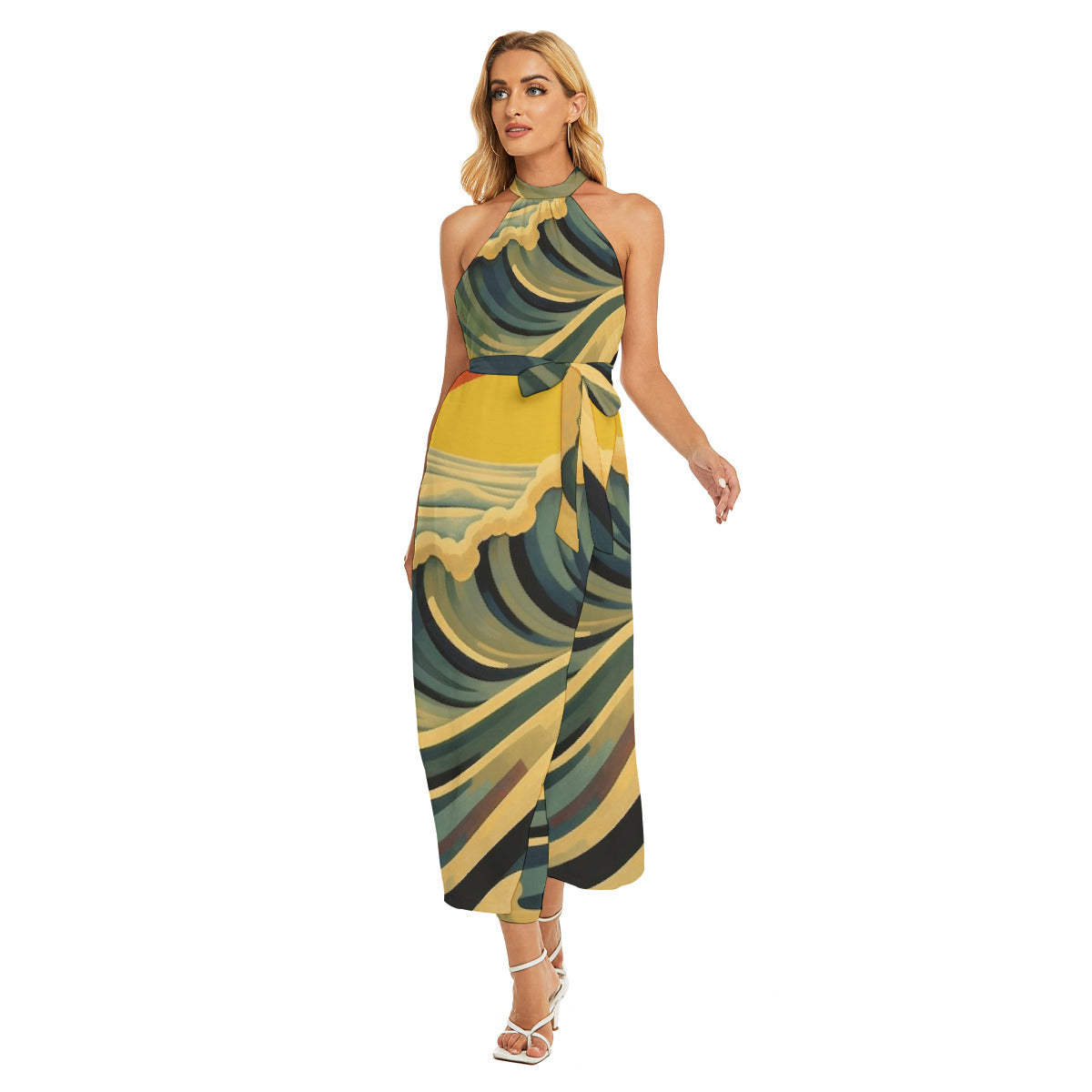 Swirl Wrap Hem Belted Halter Dress