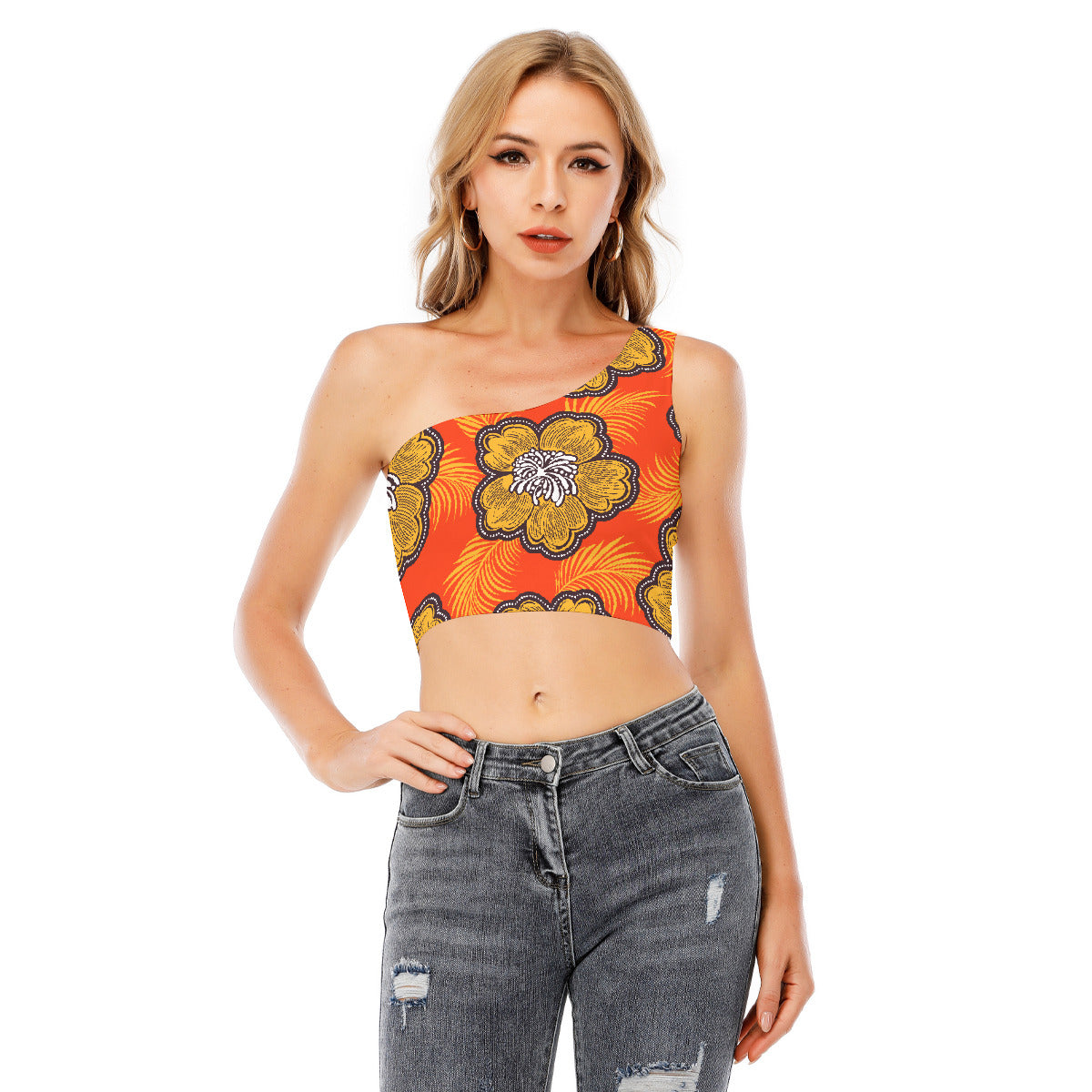 Orange Floral One-Shoulder Cropped Top