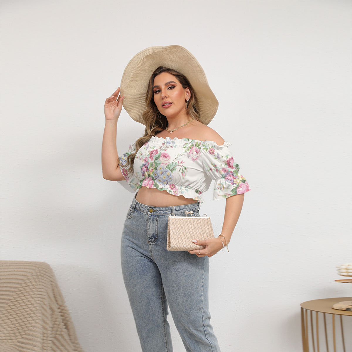 Pink Floral Off-shoulder Cropped Top With Short Puff Sleeve