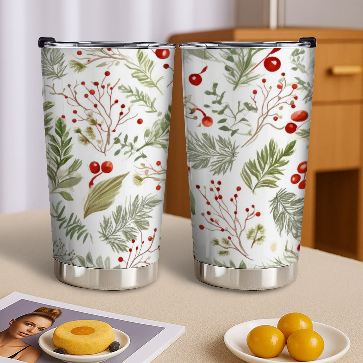 20oz Holiday Botanical Tumbler with Sliding Lid – Festive Red Berries & Evergreen Design