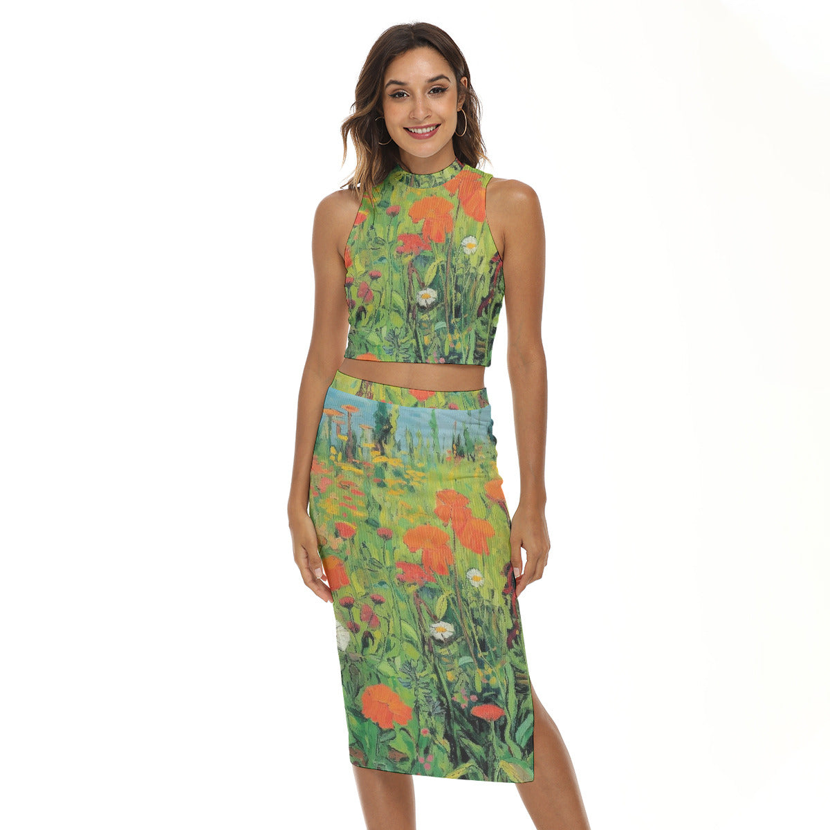 Green Floral Tank Top with High-Slit Skirt Set