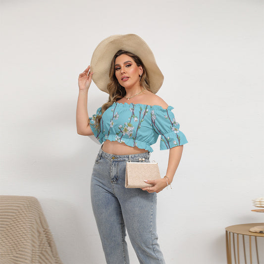 Turquoise Floral Off-Shoulder Cropped Top With Short Puff Sleeve