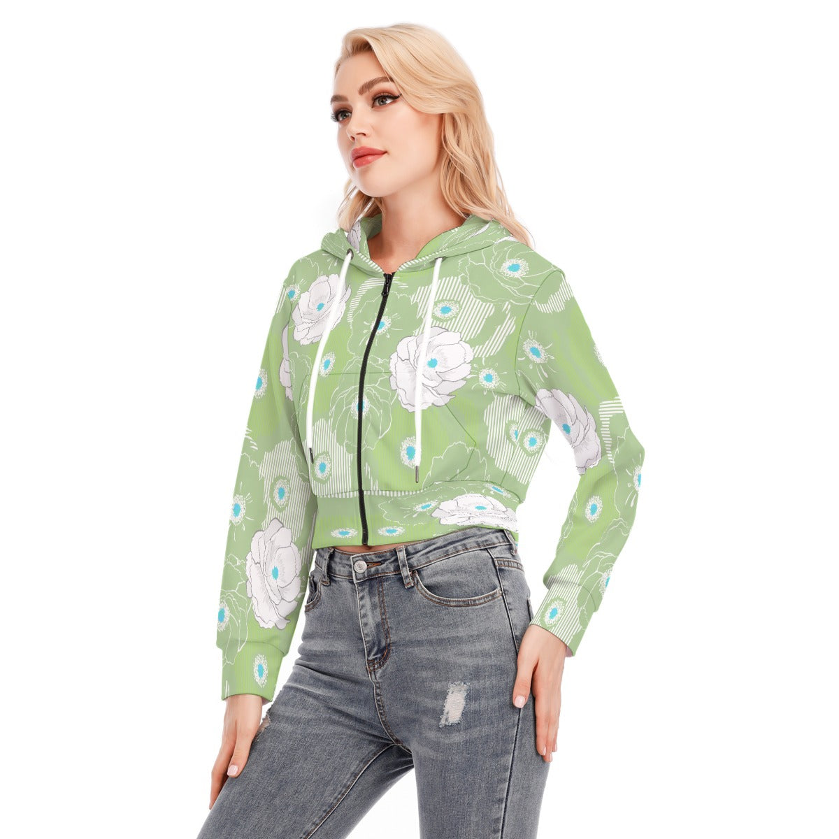 Green Floral Crop Top Hoodie With Zipper Closure