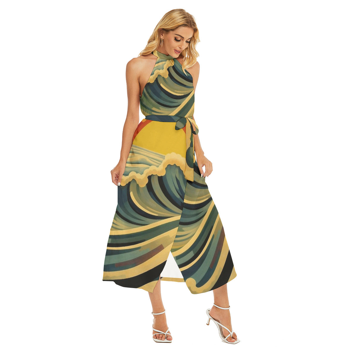 Swirl Wrap Hem Belted Halter Dress