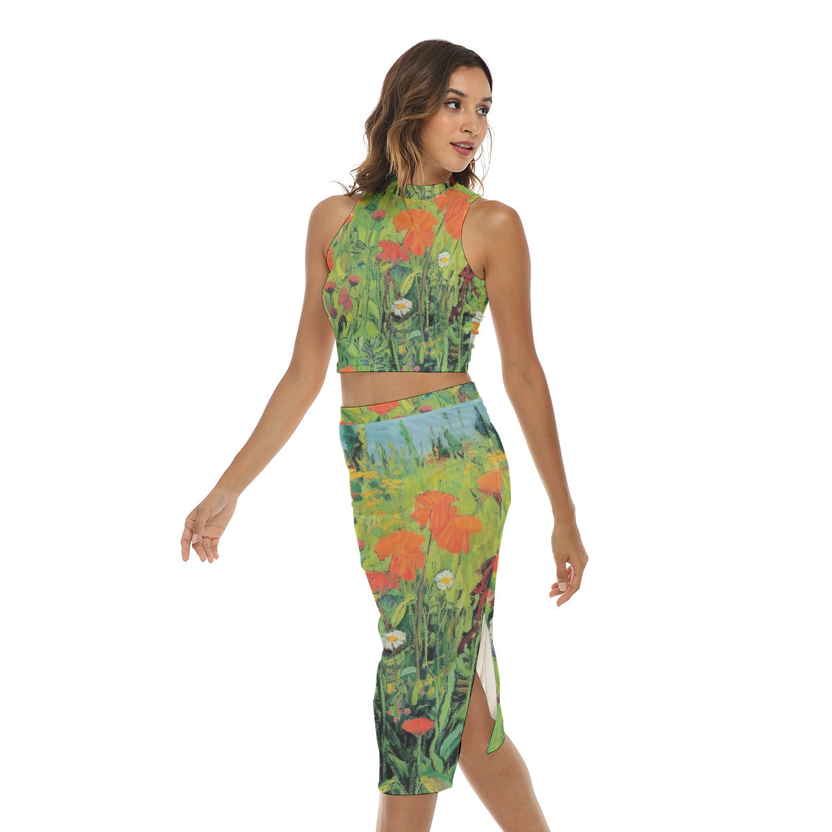Green Floral Tank Top with High-Slit Skirt Set