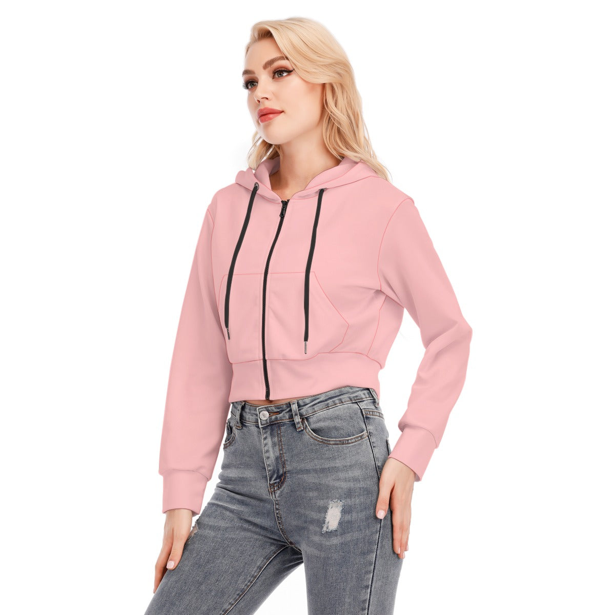 Pink Crop Top Hoodie With Zipper Closure