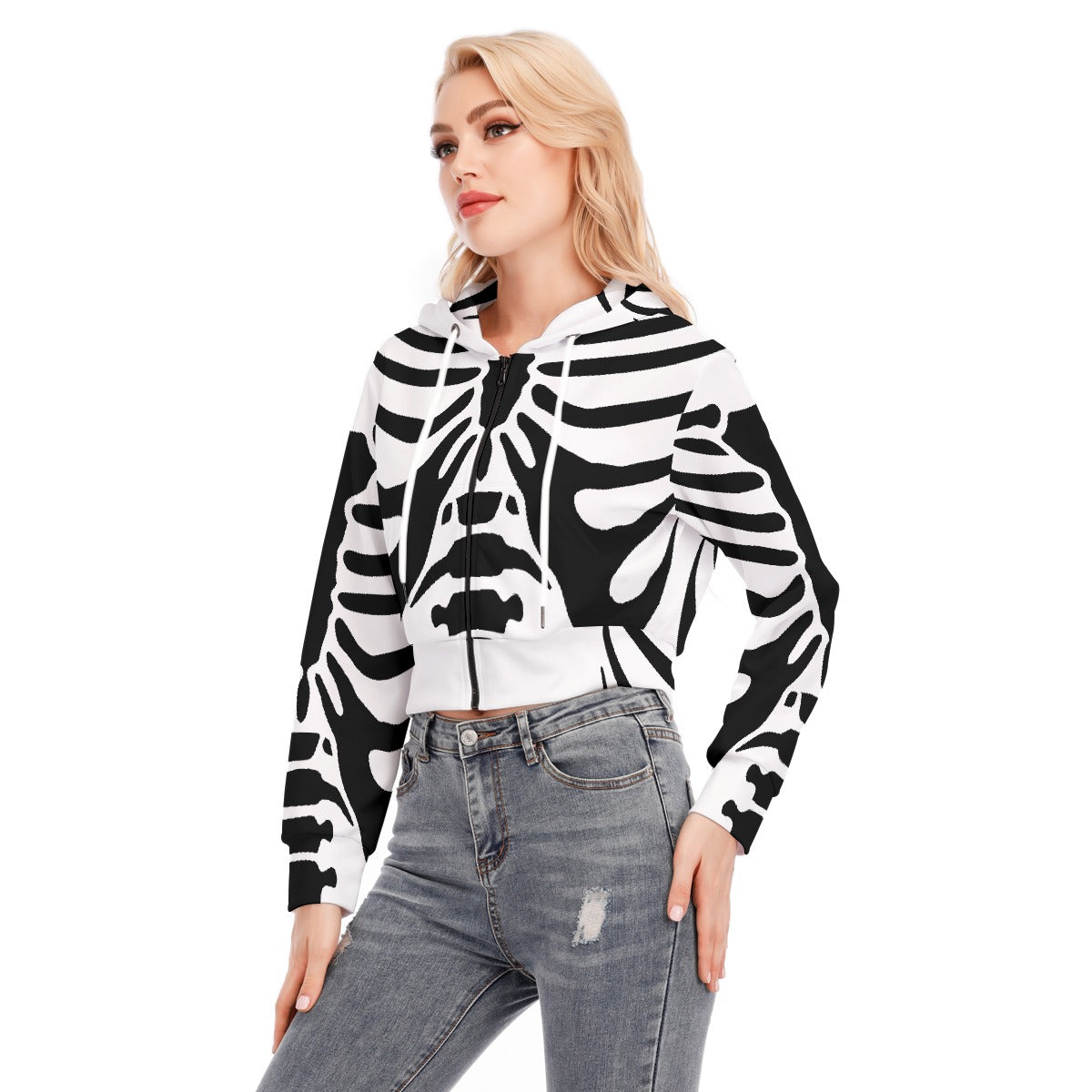White and Black Crop Top Hoodie With Zipper Closure