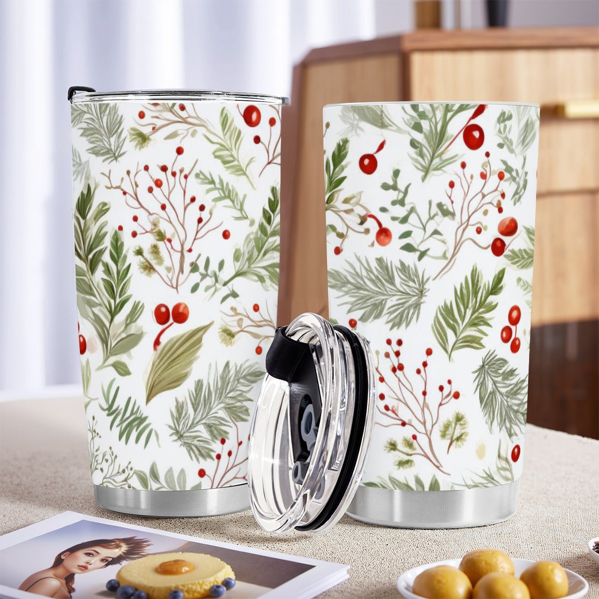 20oz Holiday Botanical Tumbler with Sliding Lid – Festive Red Berries & Evergreen Design