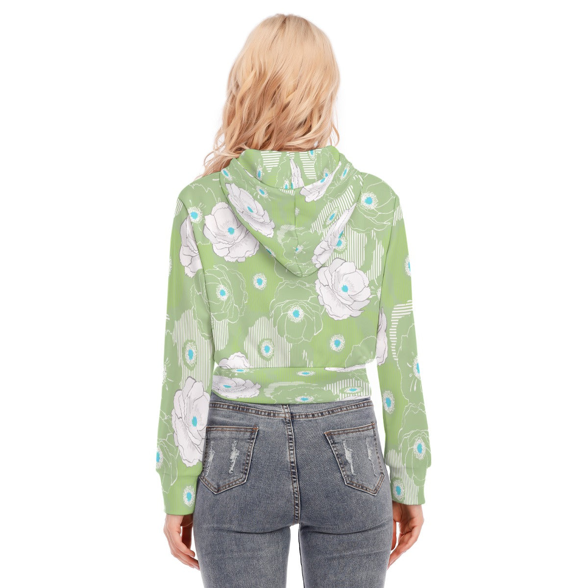Green Floral Crop Top Hoodie With Zipper Closure