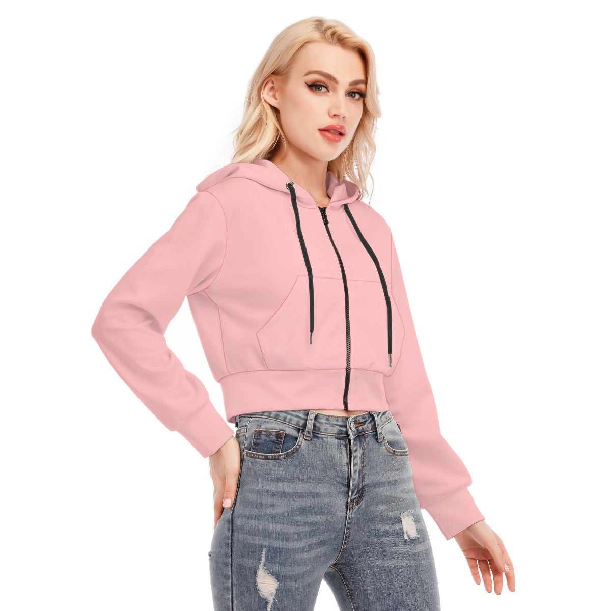 Pink Crop Top Hoodie With Zipper Closure