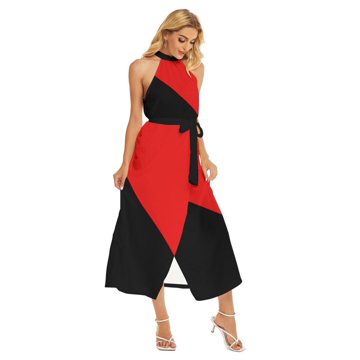 Red and Black Wrap Hem Belted Halter Dress