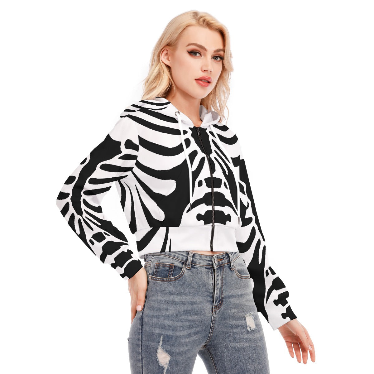 White and Black Crop Top Hoodie With Zipper Closure