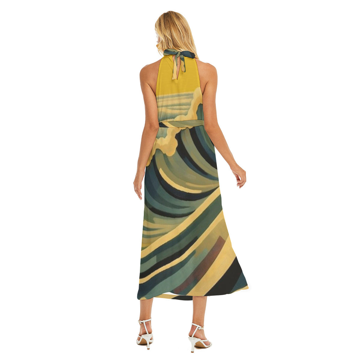 Swirl Wrap Hem Belted Halter Dress