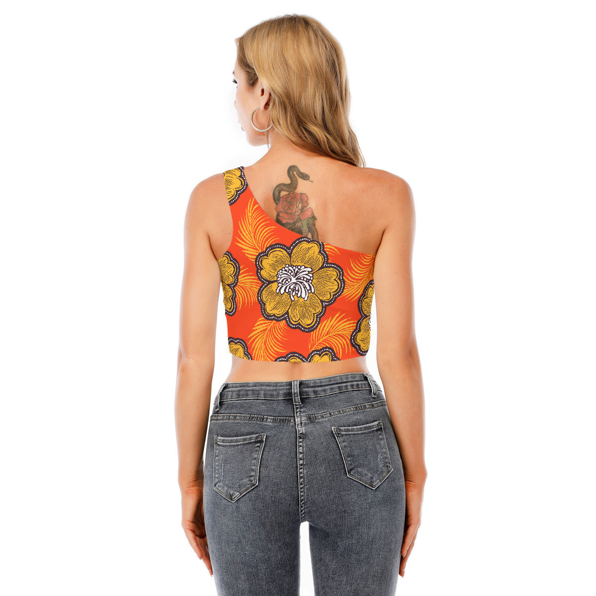 Orange Floral One-Shoulder Cropped Top