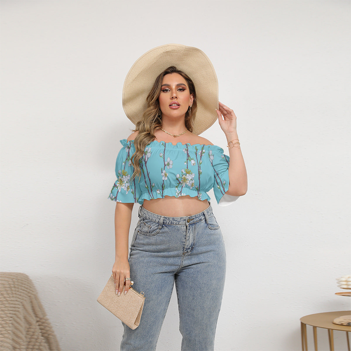 Turquoise Floral Off-Shoulder Cropped Top With Short Puff Sleeve