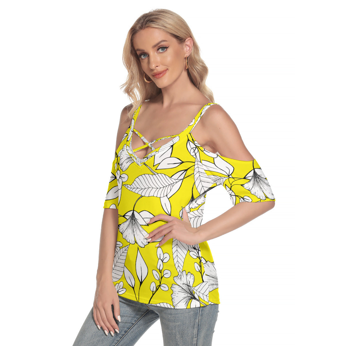 Yellow Floral Shoulder T-Shirt with Criss Cross Straps