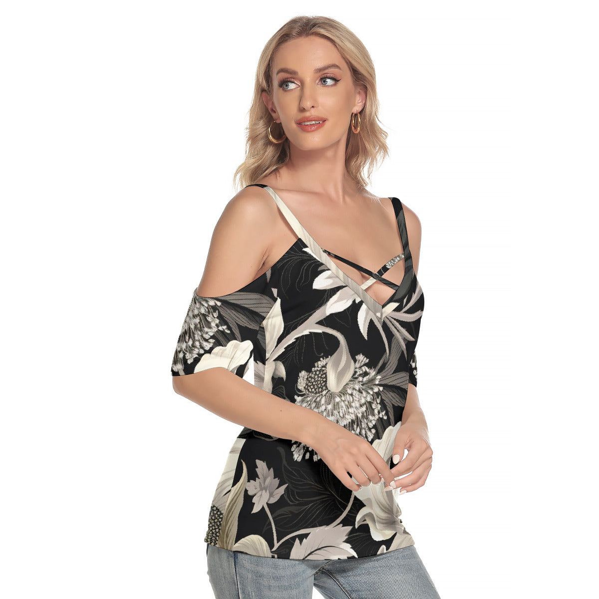 Floral Shoulder Shirt Criss Cross Straps