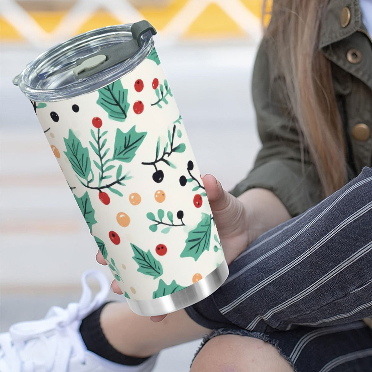 Holiday Berry & Leaf 20oz Tumbler | Insulated Stainless Steel Travel Mug, Festive Drinkware Gift