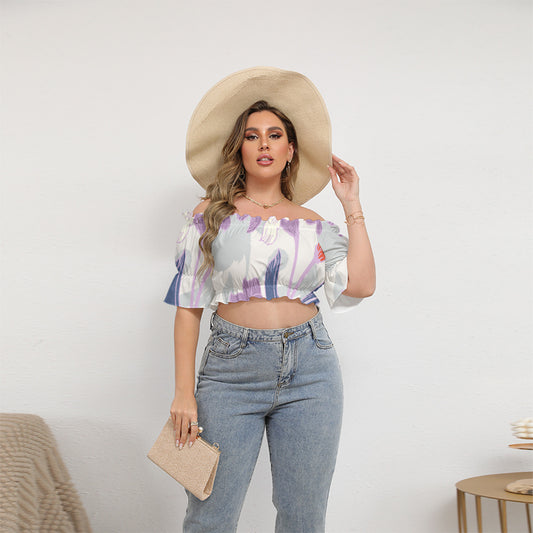 Purple Floral Off-Shoulder Cropped Top With Short Puff Sleeve