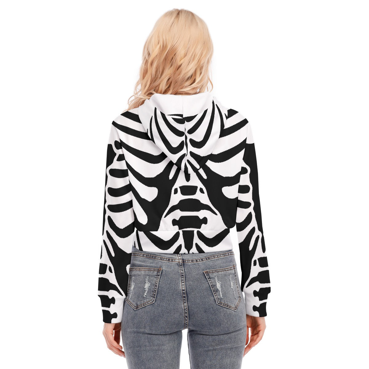 White and Black Crop Top Hoodie With Zipper Closure