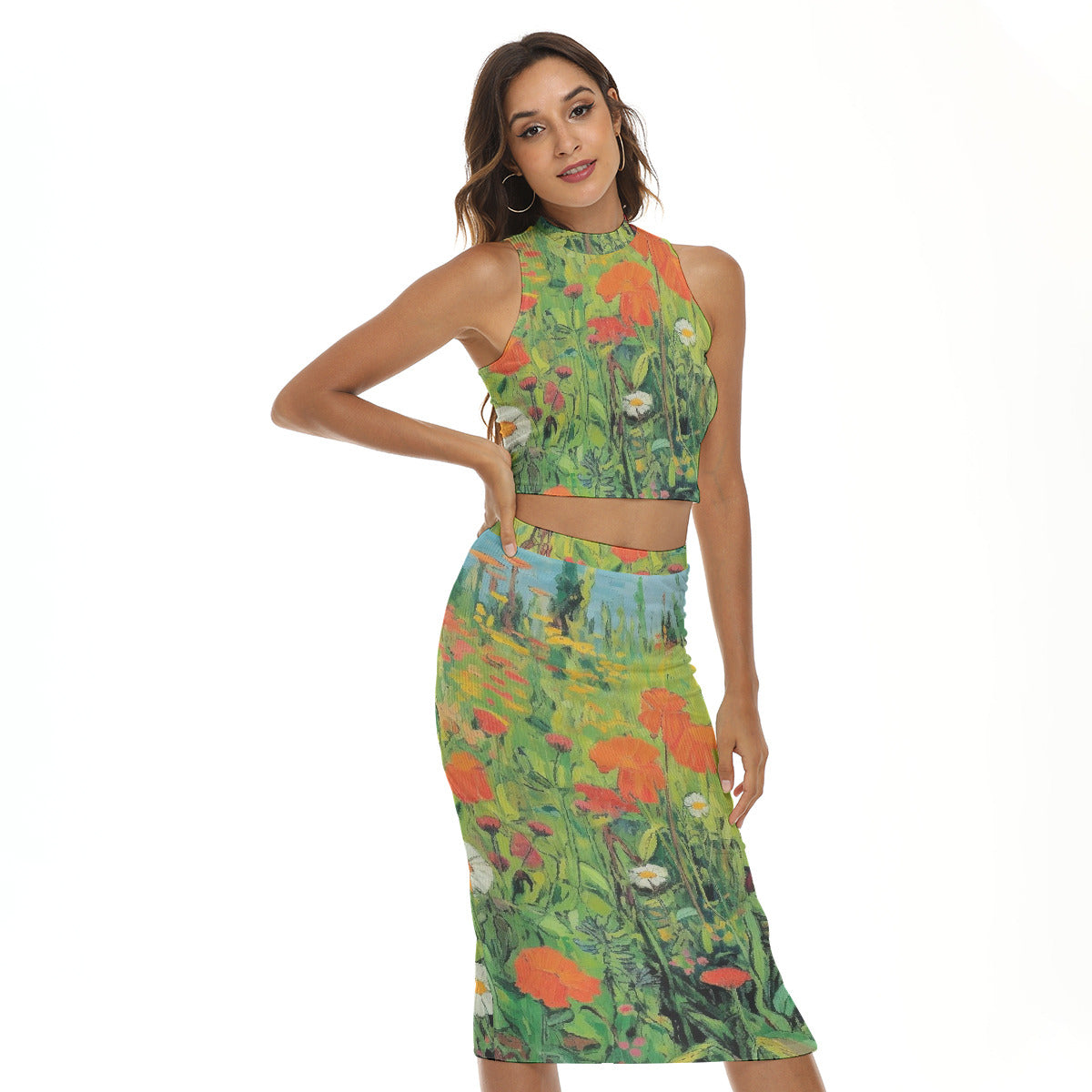 Green Floral Tank Top with High-Slit Skirt Set