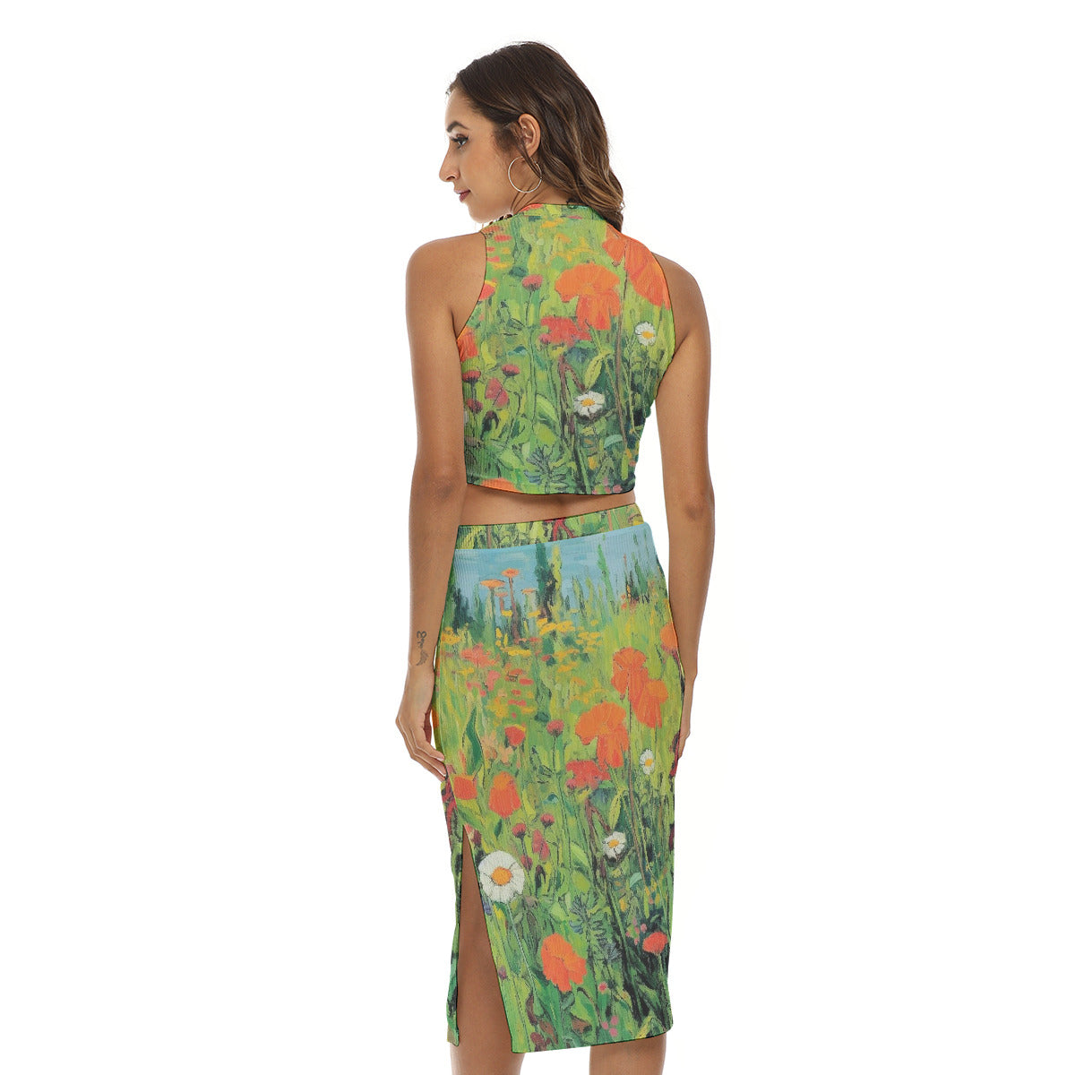 Green Floral Tank Top with High-Slit Skirt Set