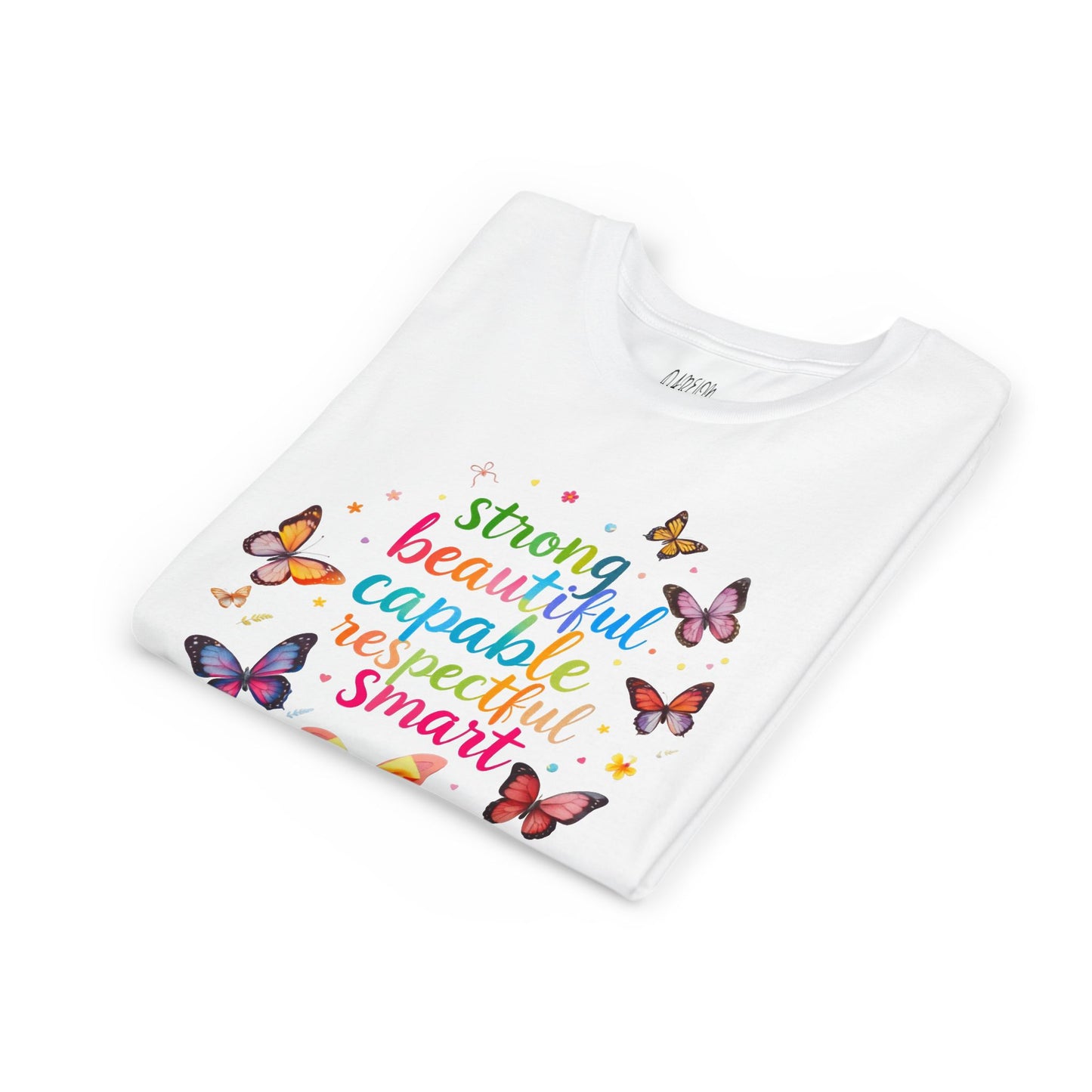 Empowerment Butterfly Youth Tee - Strong, Beautiful, Capable, Respectful, Smart