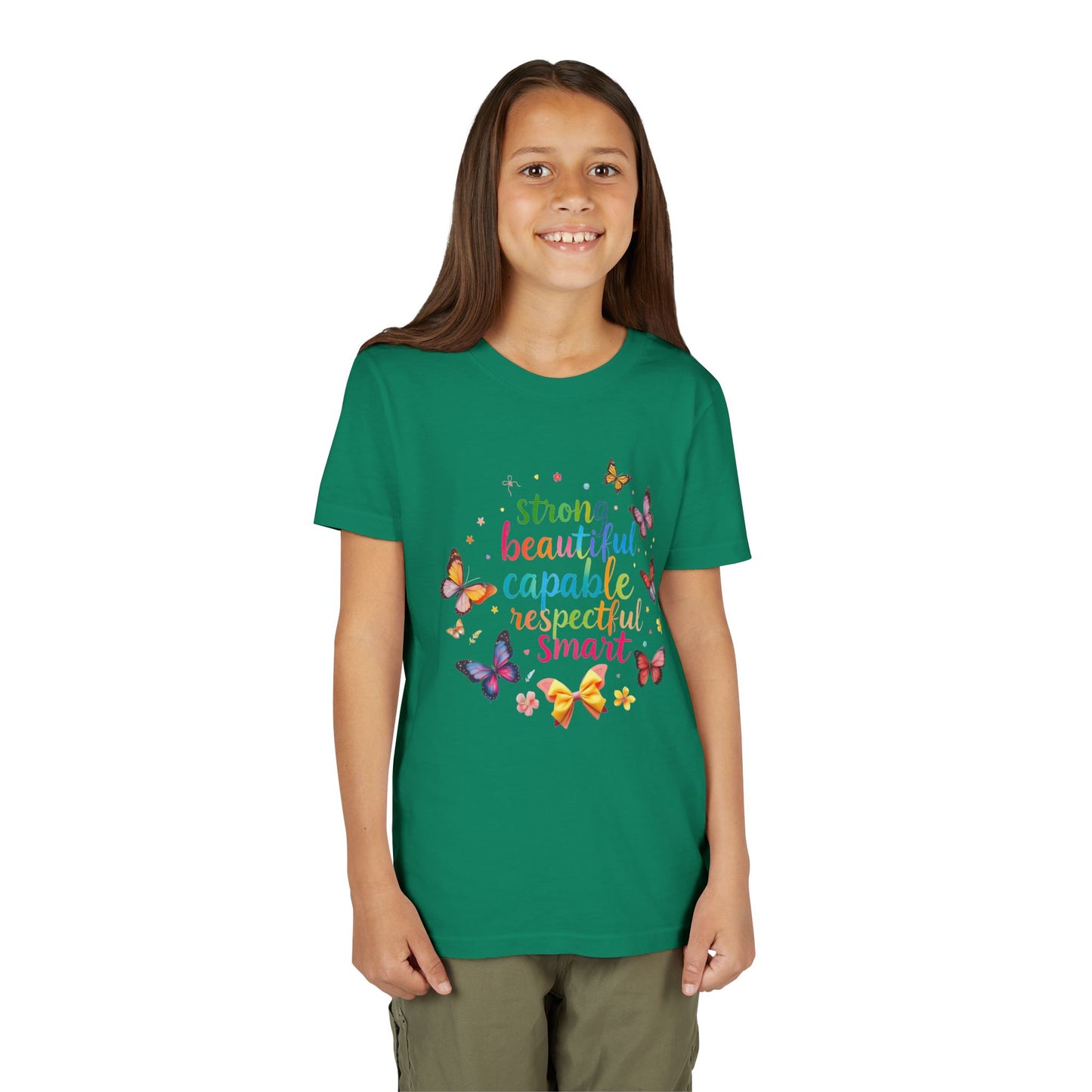 Empowerment Butterfly Youth Tee - Strong, Beautiful, Capable, Respectful, Smart