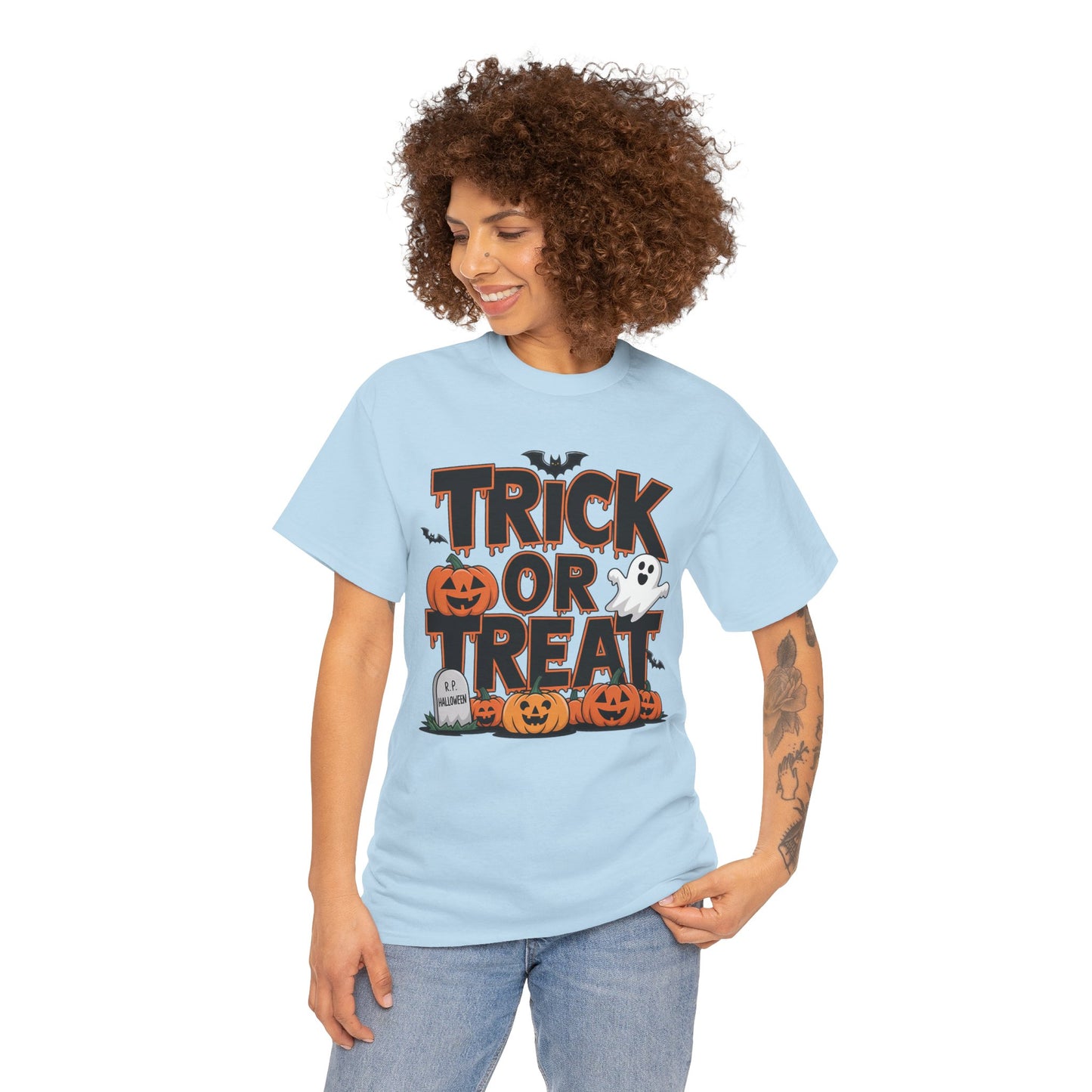 Women Halloween T-Shirt - Trick or Treat Graphic Tee, Spooky Shirt, Fall Fashion, Halloween Party Top, Ghost and Pumpkin Design