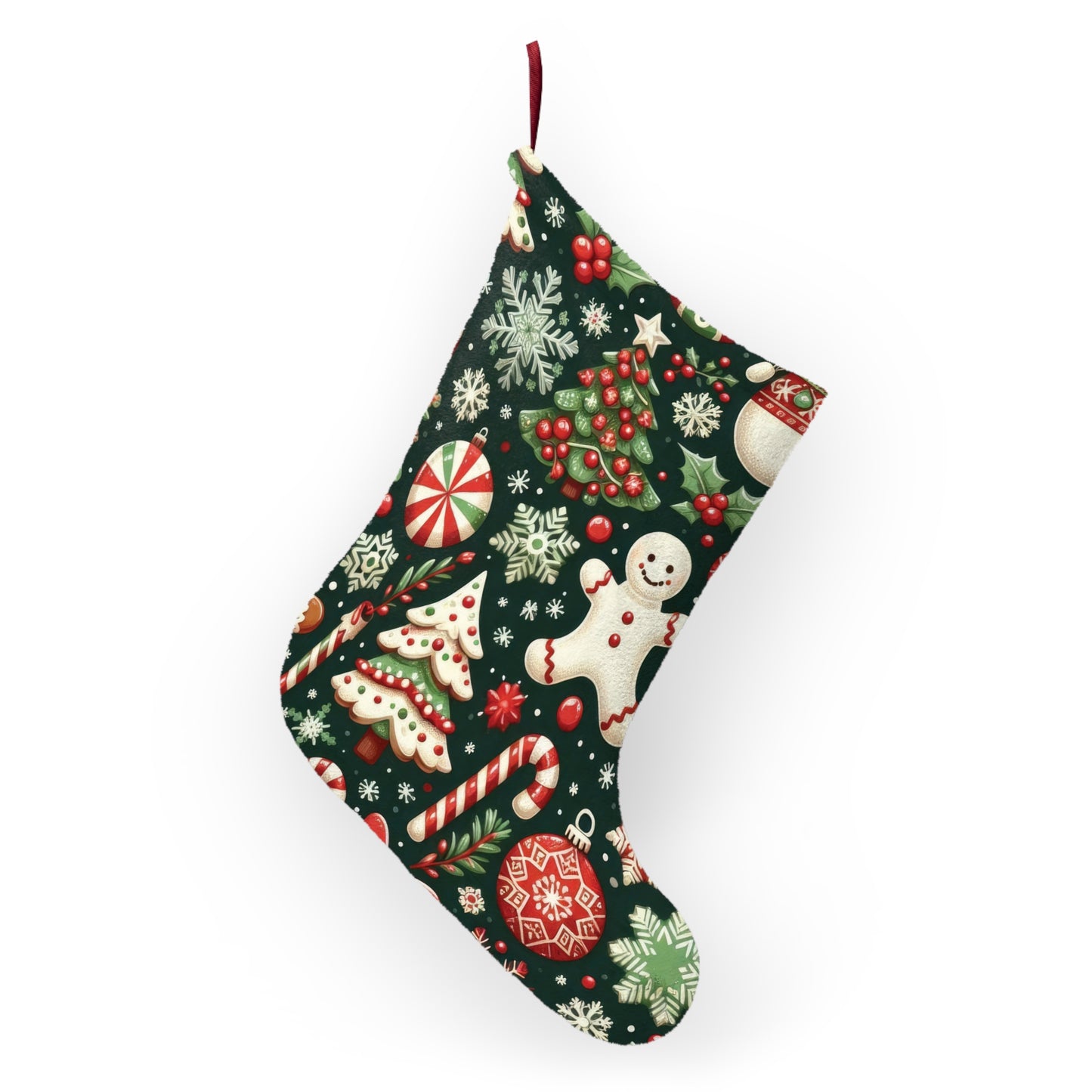 Festive Christmas Stocking with Gingerbread and Ornaments