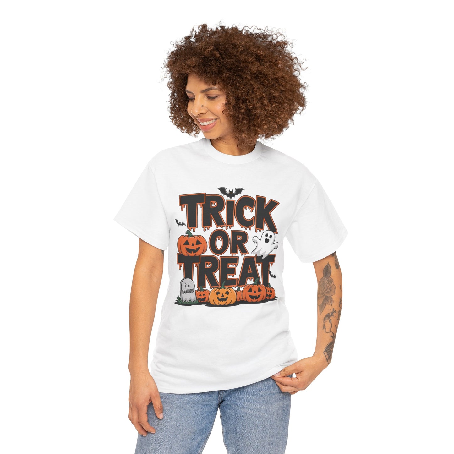 Women Halloween T-Shirt - Trick or Treat Graphic Tee, Spooky Shirt, Fall Fashion, Halloween Party Top, Ghost and Pumpkin Design