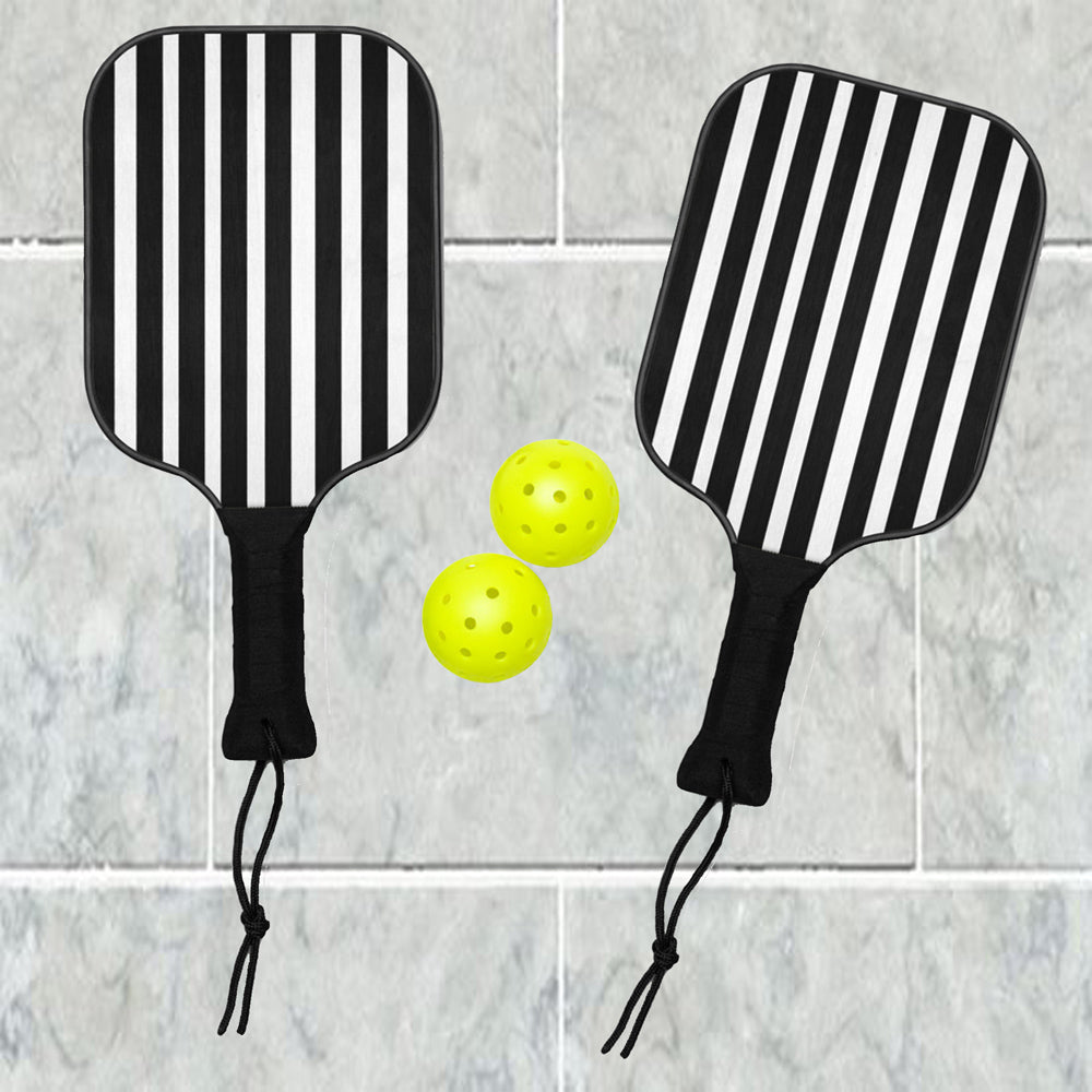 Black & White Stripe Pickleball Paddle Set with Balls & Carry Bag | Wooden Paddle Kit