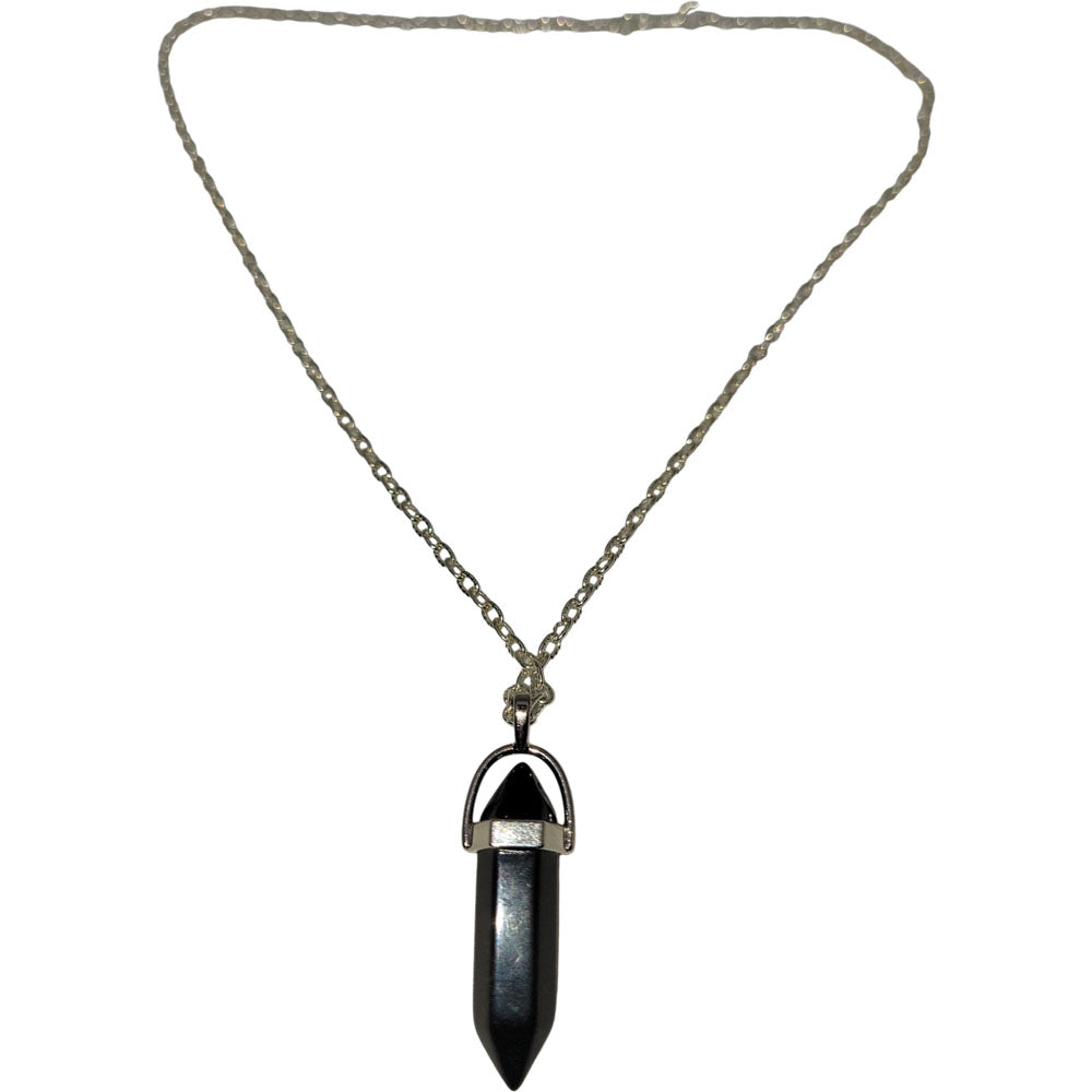 A black chain necklace with a silver chain and a teardrop-shaped crystal pendant.