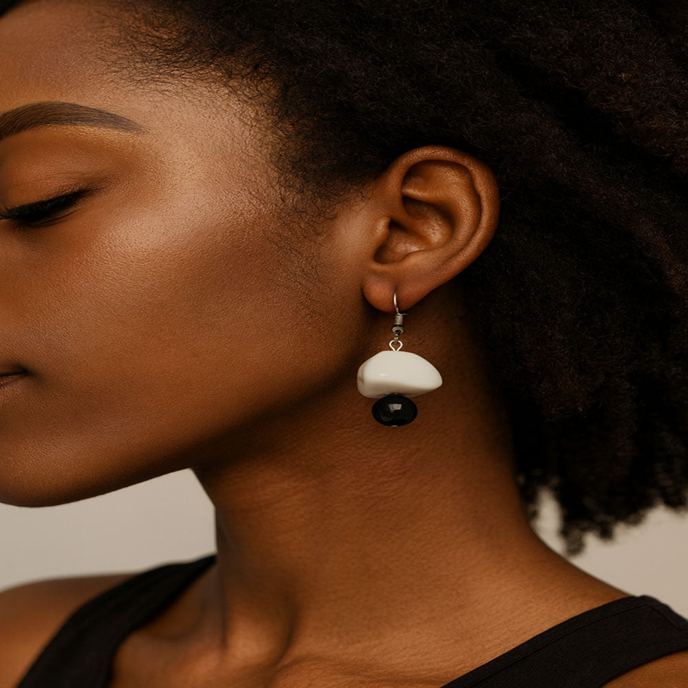 White Nugget & Black Bead Dangle Earrings – One-of-a-Kind Artisan Jewelry Gift for Her