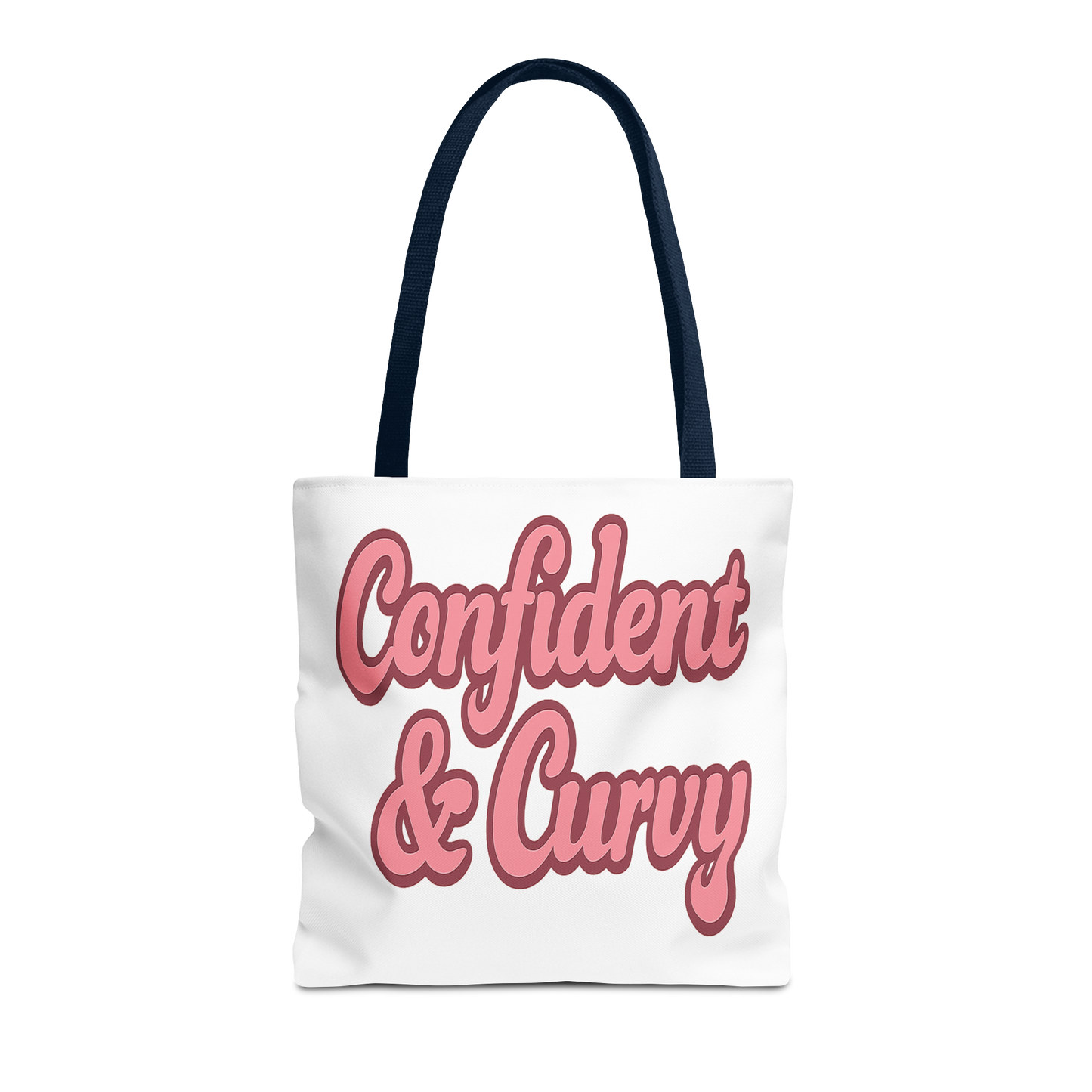 Tote bag with 'Confident & Curvy' text on a white background