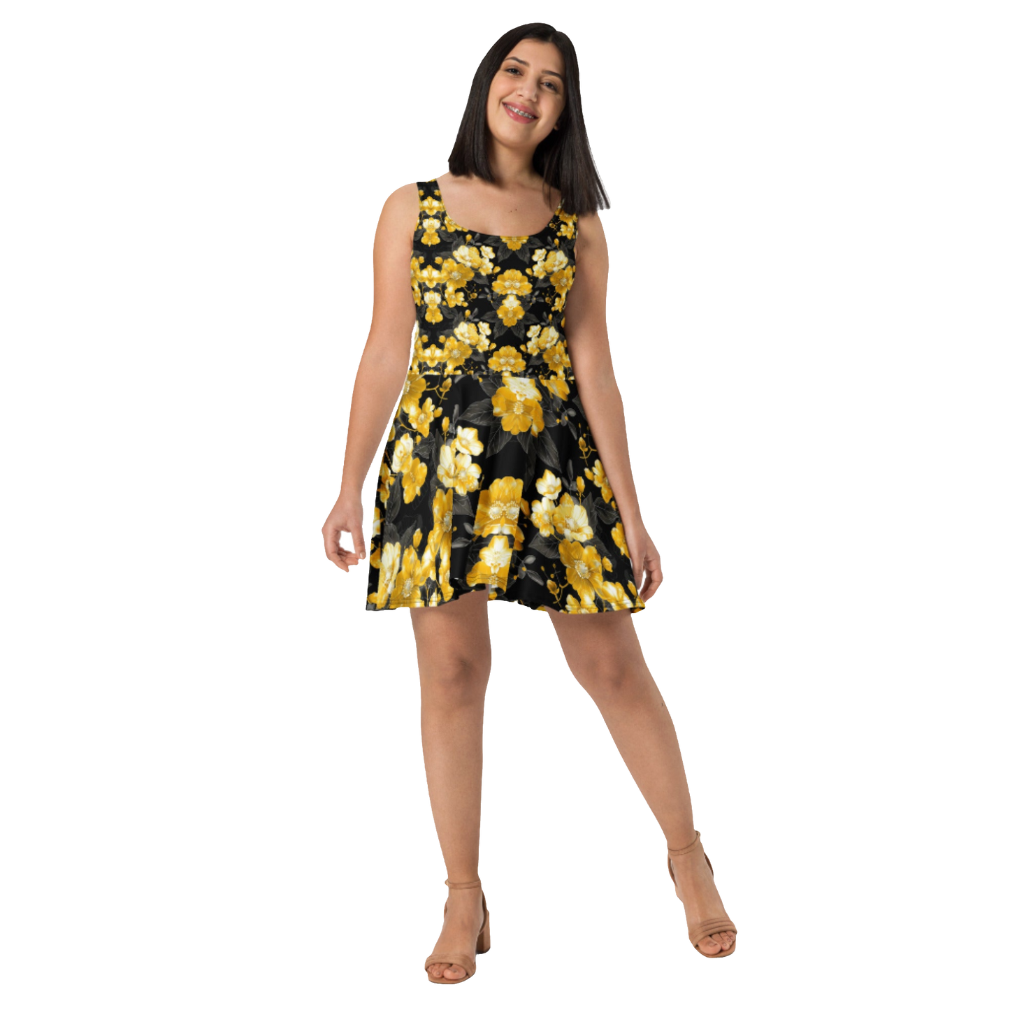 Black Yellow Roses Designed Skater Dress