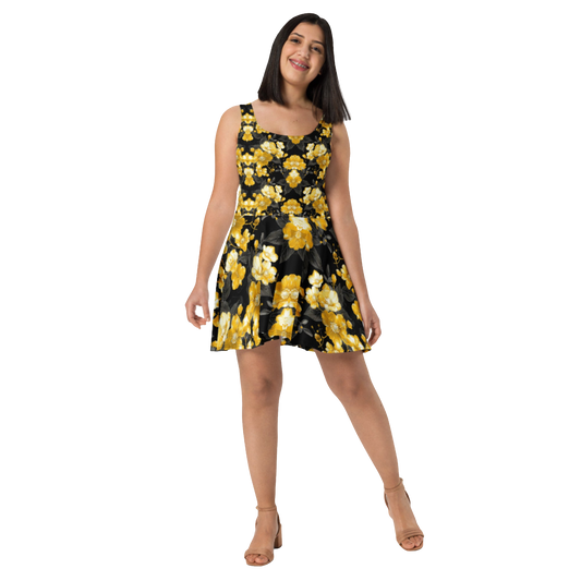 Black Yellow Roses Designed Skater Dress