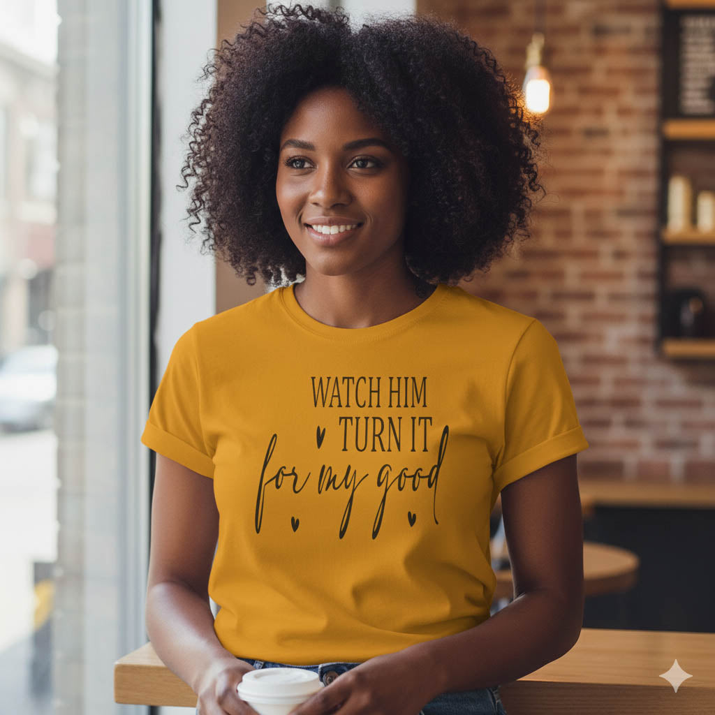 Woman wearing a mustard t-shirt with text in a casual setting