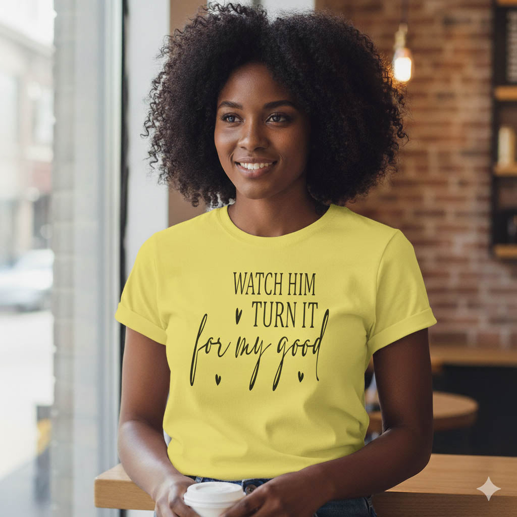 Woman wearing a yellow t-shirt with text in a casual setting