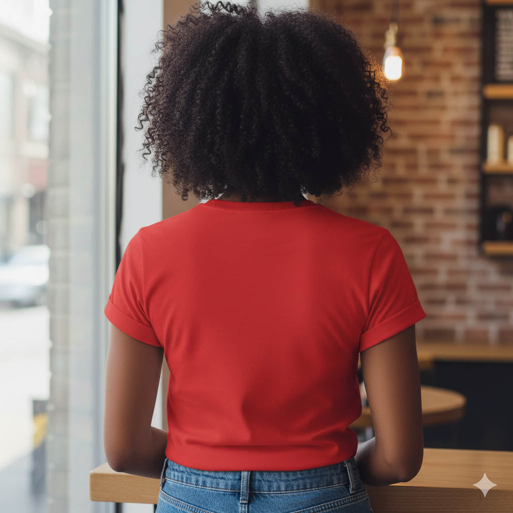 Person wearing a red shirt sitting at a table in a casual setting