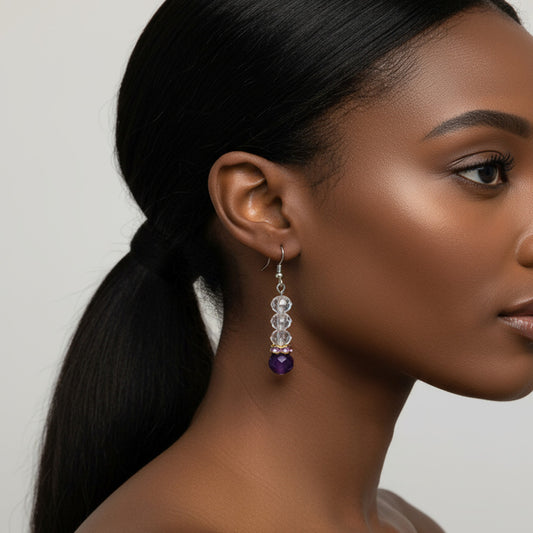 Handmade Amethyst Round-Bead Dangle Earrings — Crystal Drop Jewelry Gift for Her