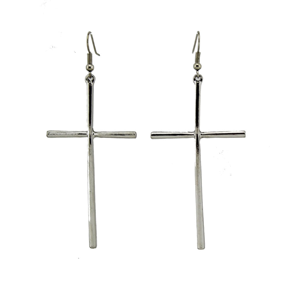 Long Silver Cross Dangle Earrings – Minimalist Faith Jewelry Gift for Women