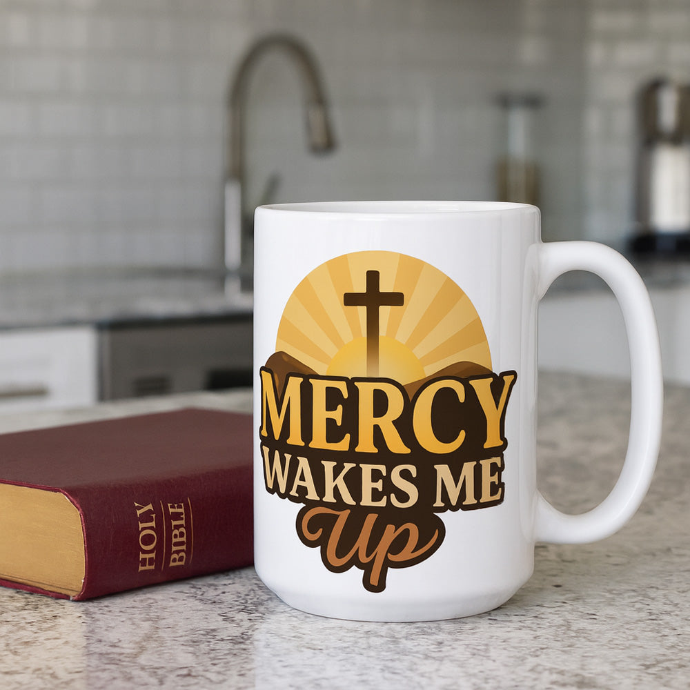 Mercy Wakes Me Up Mug – Christian Faith Mug with Bible Verse, Lamentations 3:22-23, Inspirational Morning Coffee Cup, Gift for Believers