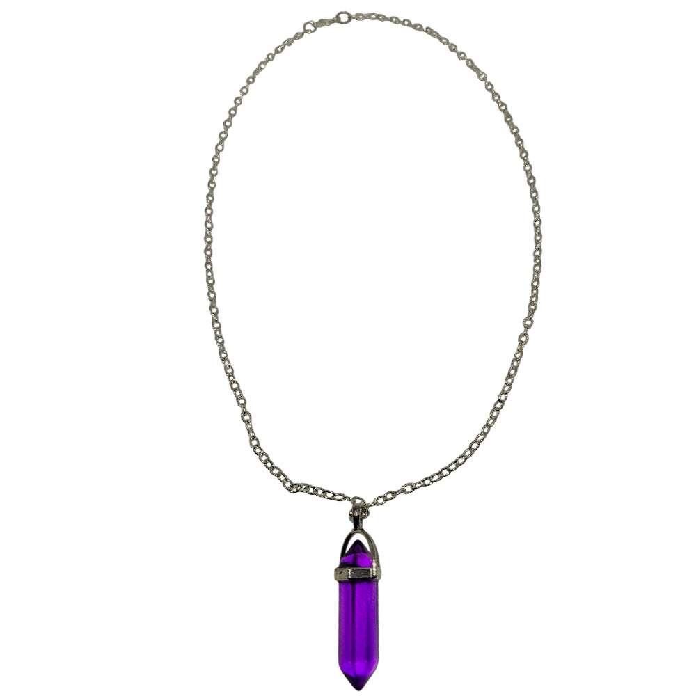 A purple chain necklace with a silver chain and a teardrop-shaped crystal pendant.