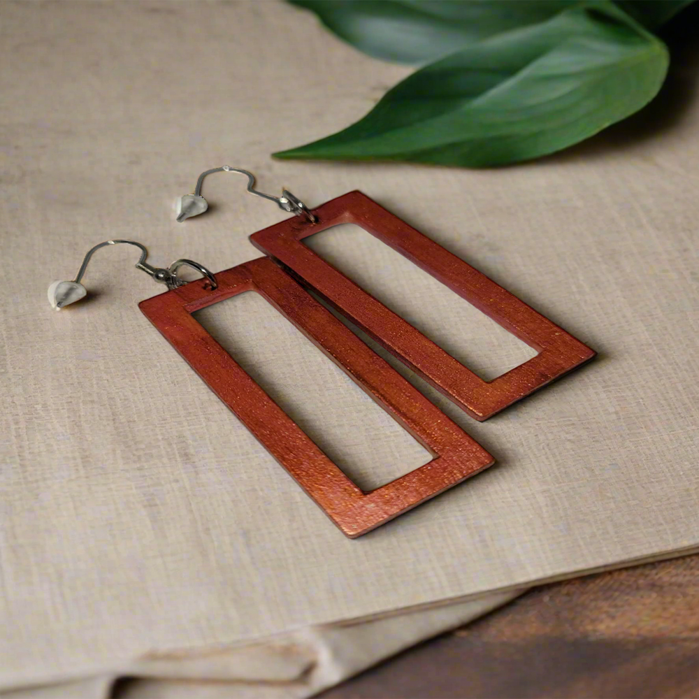 Handpainted Orange Rectangular Wooden Earrings